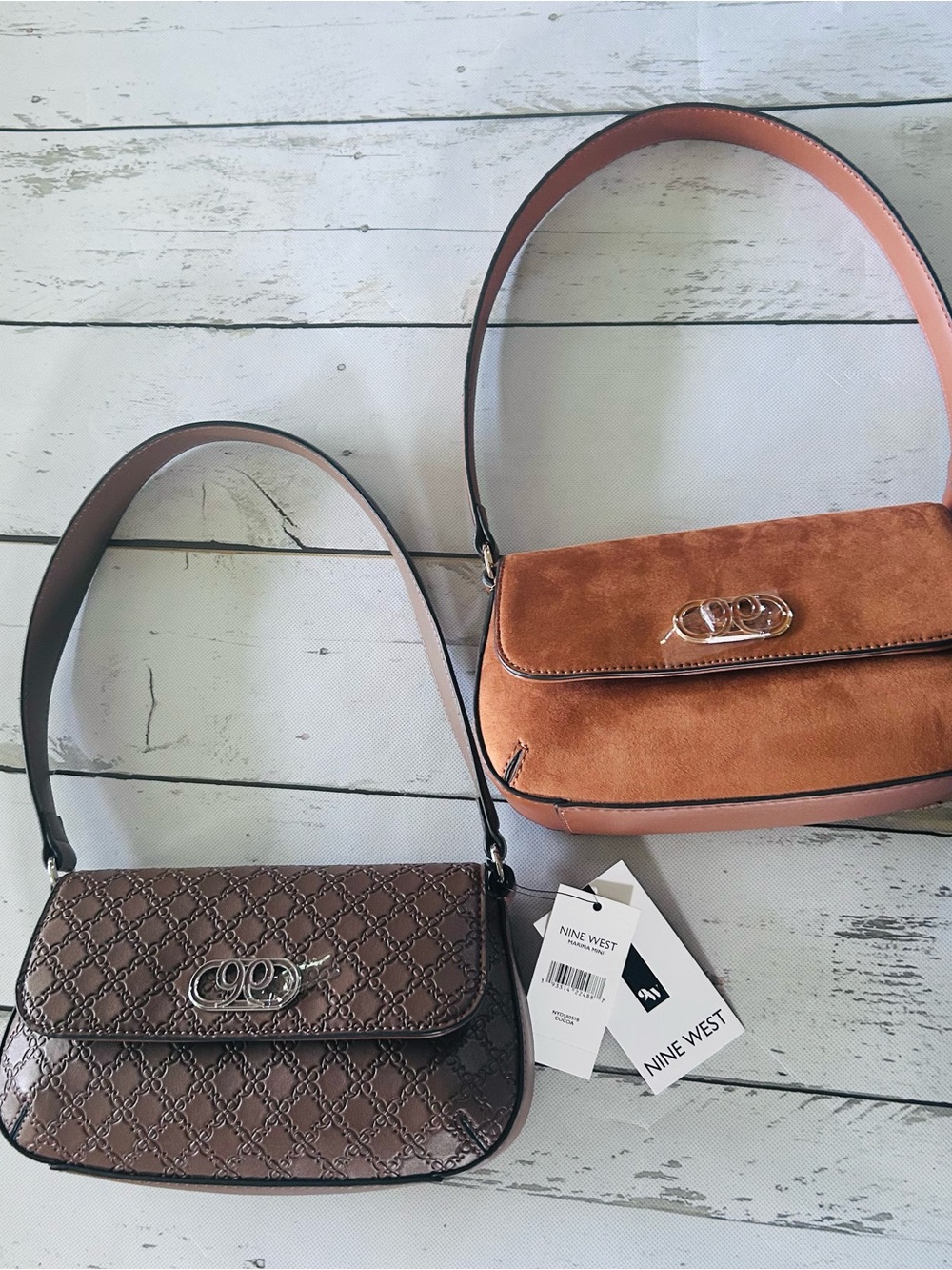 Two Nine West Brown Quilted &  Suede Camel Shoulder Bag with Logo Accent Bundle